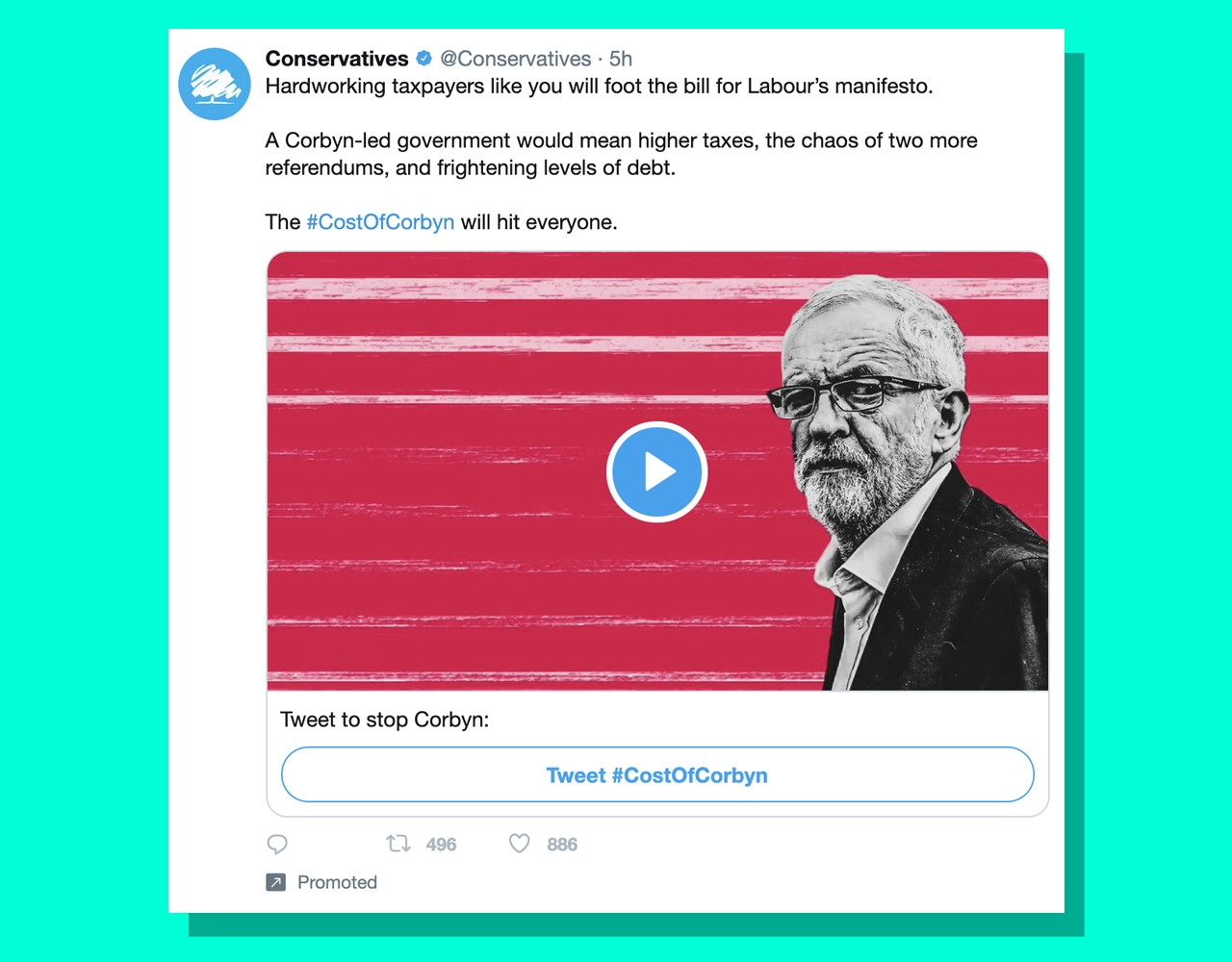 Twitter ad placed by the Conservatives. The image shows Jeremy Corbyn and says: "Tweet to stop Corbyn".