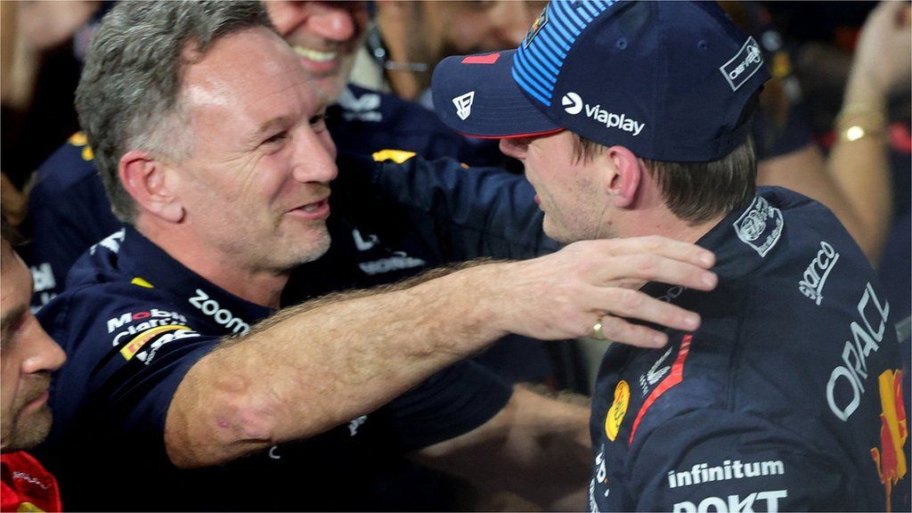 Red Bull team boss moves to embrace race winner Max Verstappen after the Saudi Arabian Grand Prix
