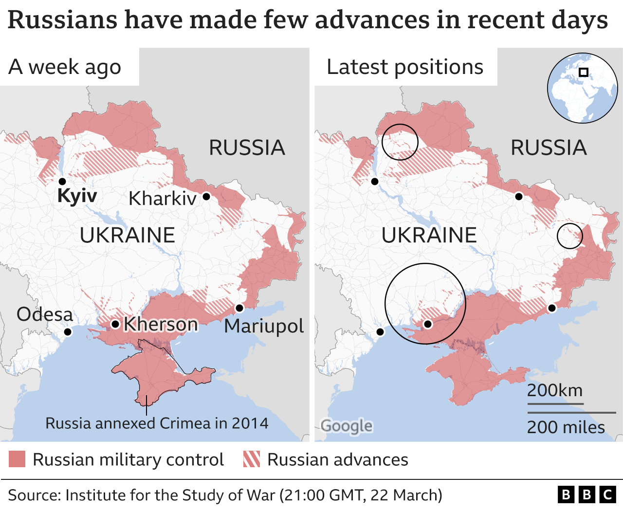 Map showing the areas of Ukraine where Russians controlled or were advancing into a week ago and today