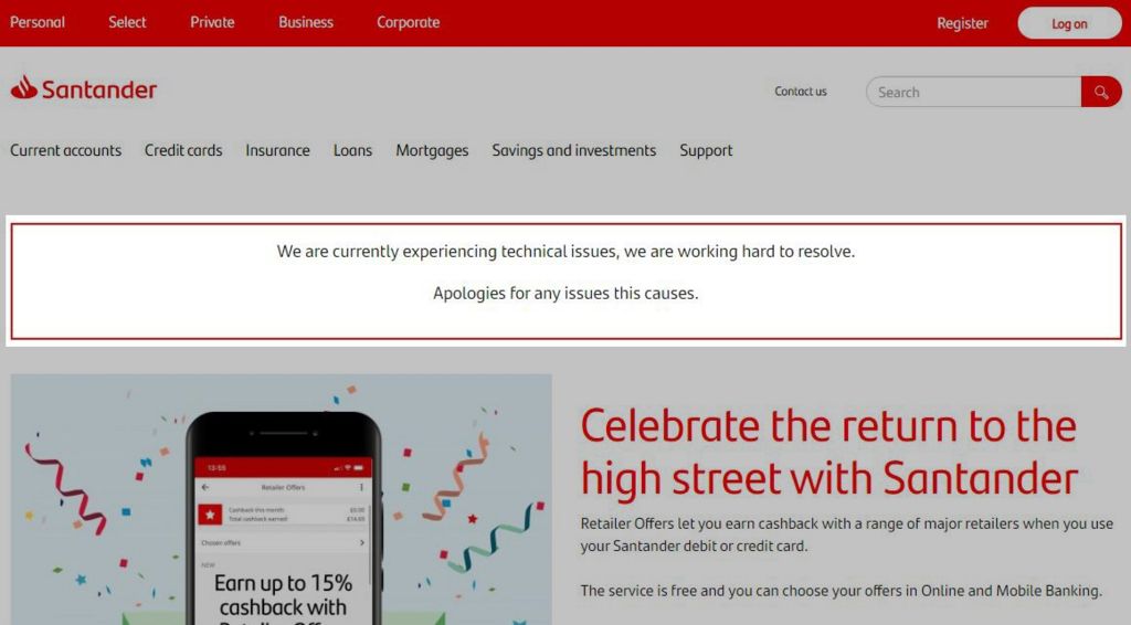 Santander displayed an error message and apology on its website