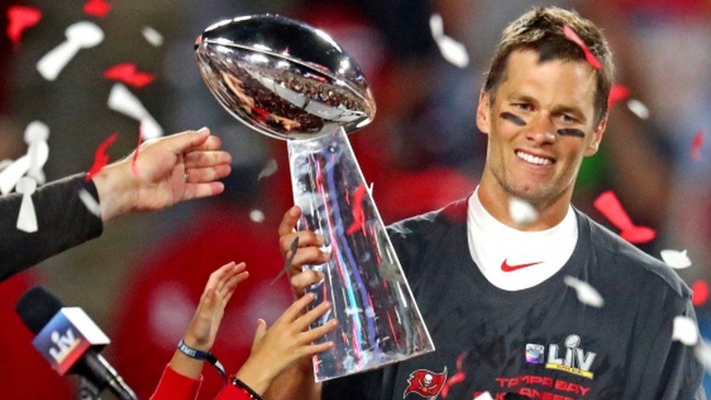 Tom Brady lifts the Vince Lombardi Trophy after winning Super Bowl 55 with the Tampa Bay Buccaneers