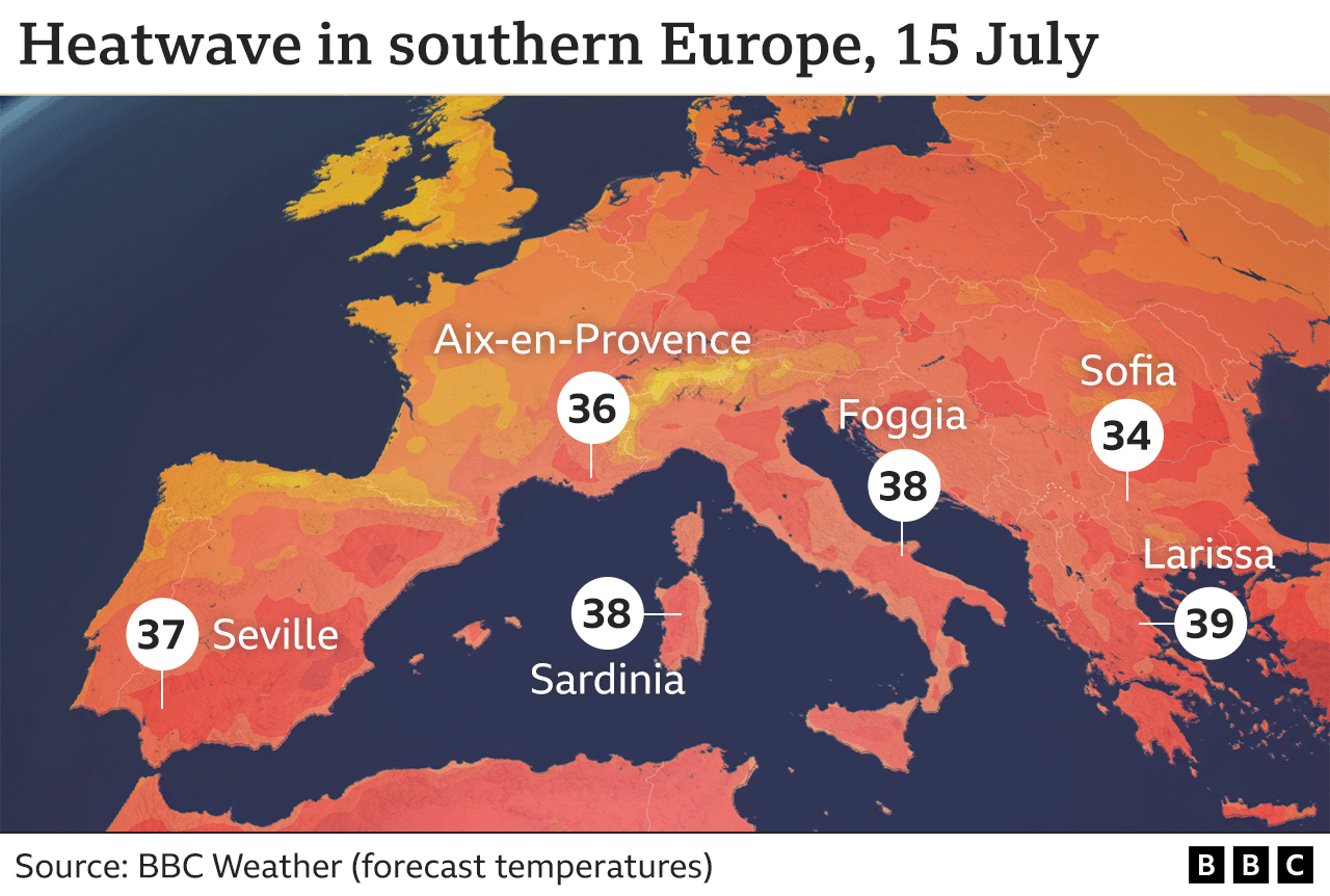 Карта, показывающая высокие температуры в районах южной Европы, включая Севилью (37°C), Сардинию (38°C) и Ларису (39°C).