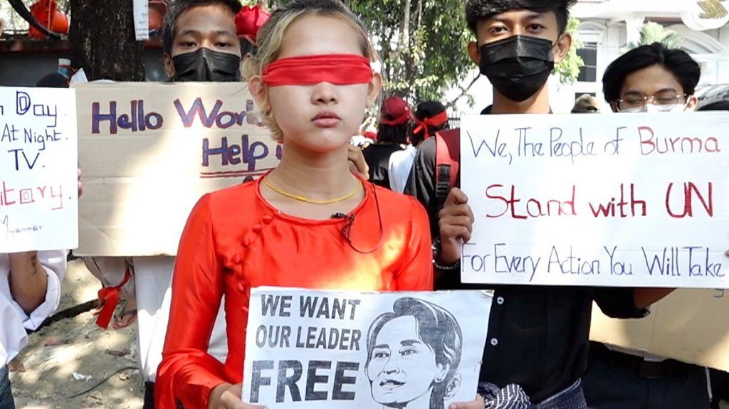 Blind folded protester in Myanmar