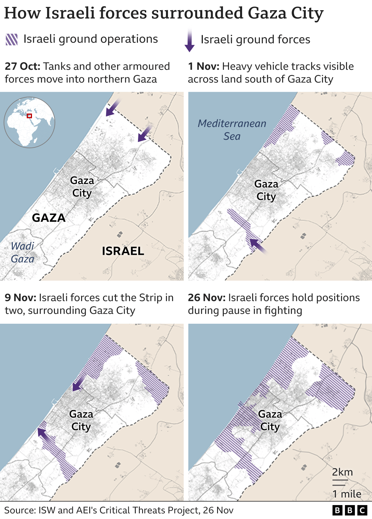 Map showing extent of Israel's ground offensive in Gaza, as of 26 November 2023