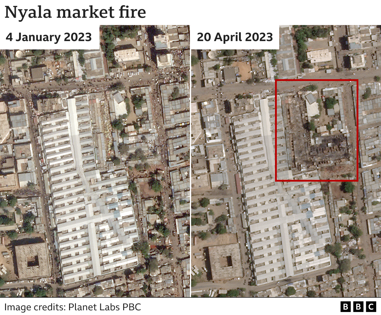A satellite image shows fire damage at a market in Nyala