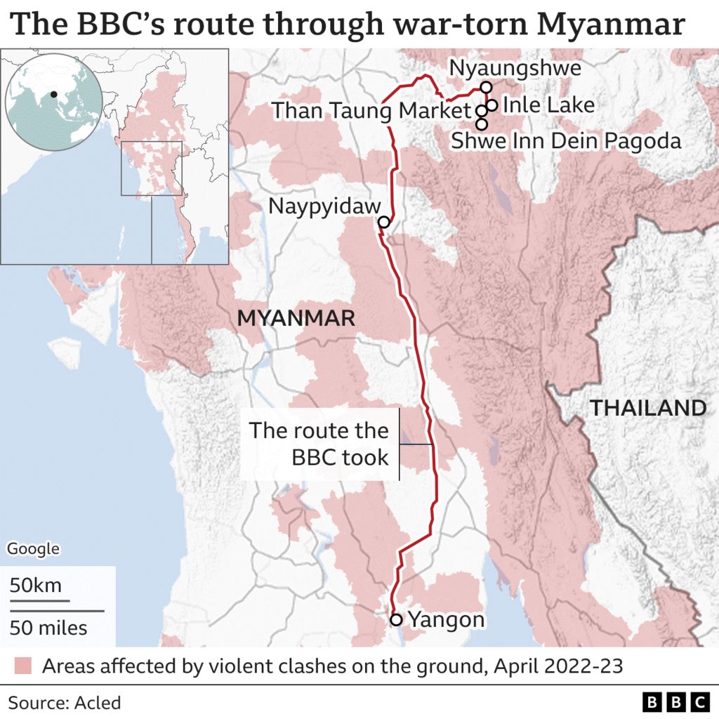 Map of the BBC's route through Myanmar
