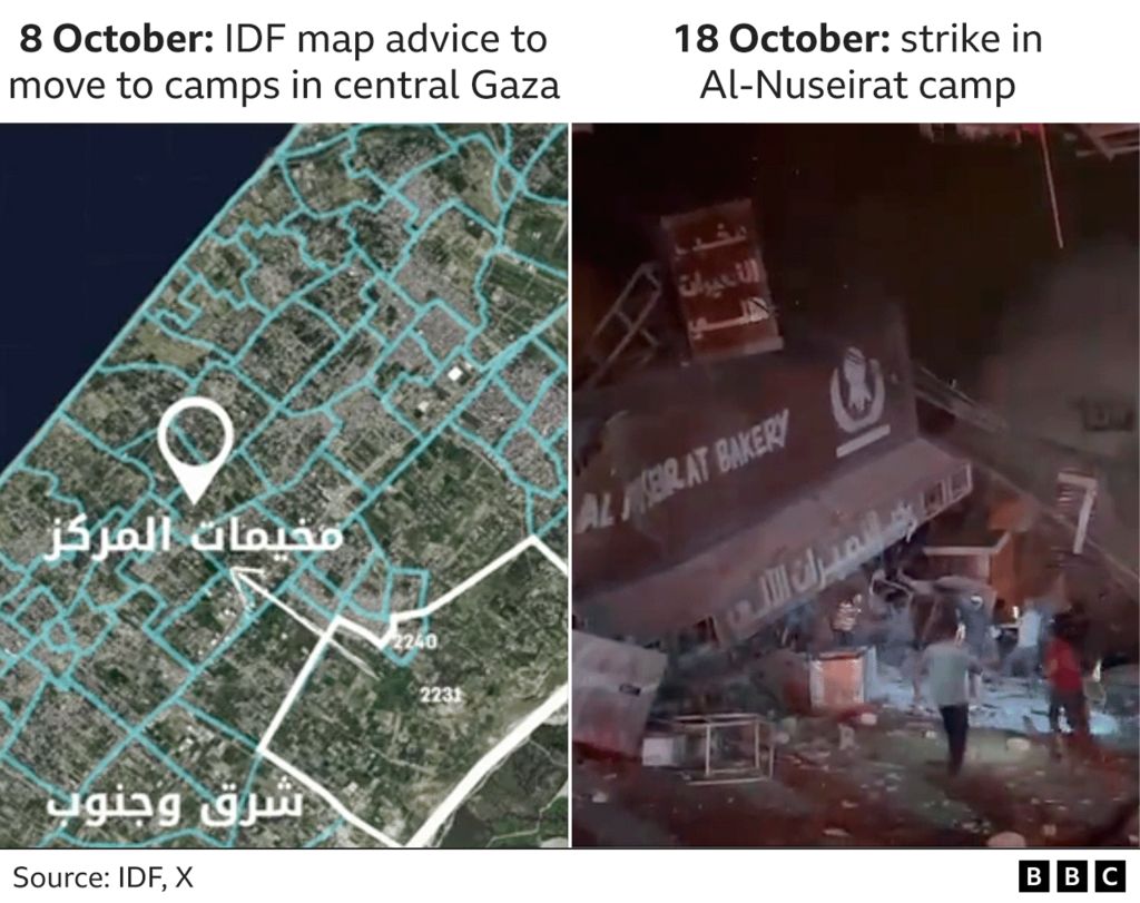 Graphic shows on the left an IDF tweet and map advising people to move to camps in central Gaza and on the right a still from a verified video of strike at al-Nuseirat camp