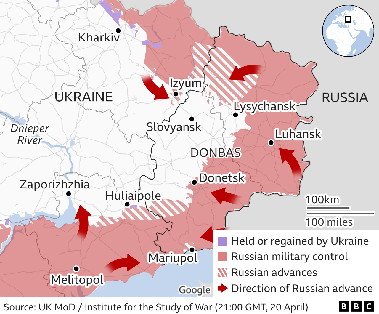 Map showing the Russian military advance into Ukraine from the east