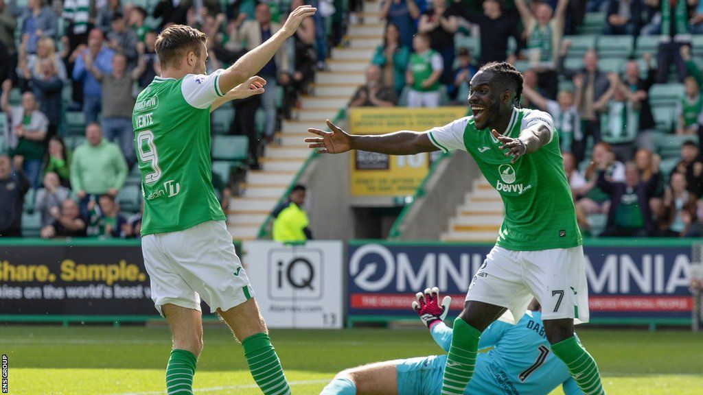 Dylan Vente and Elie Youan celebrate during a League Cup win over Raith Rovers