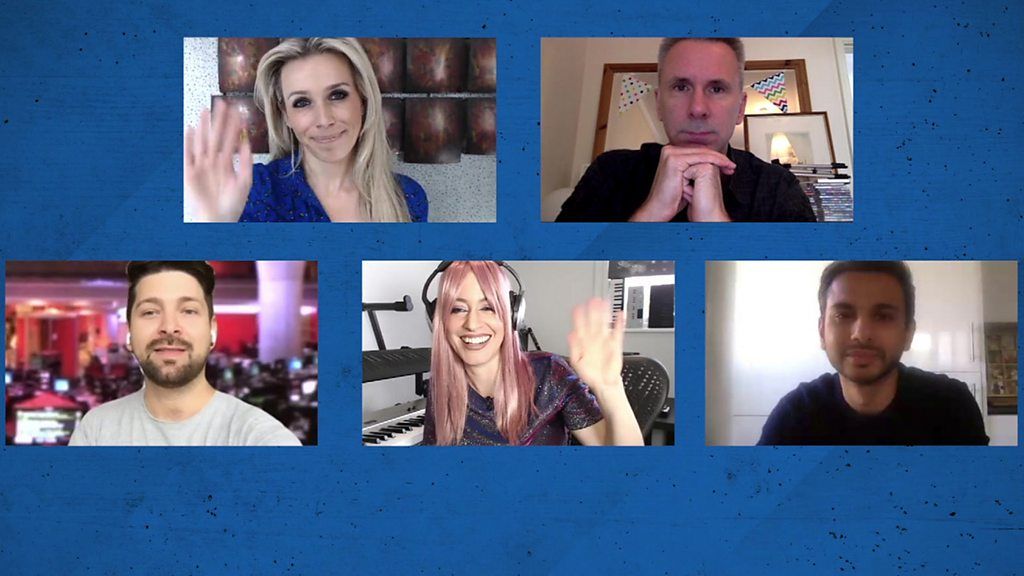 Five people on a video call on a blue background