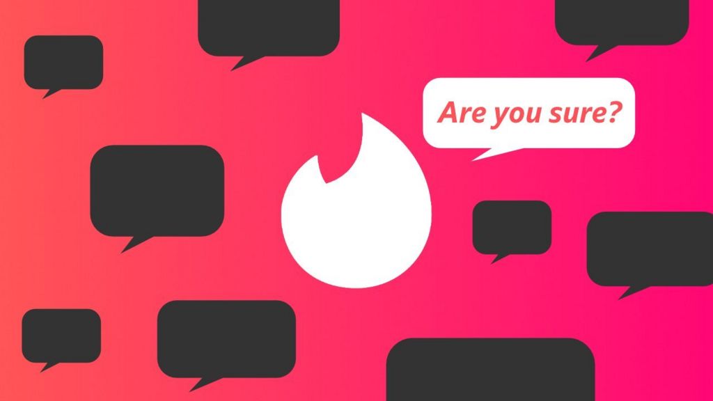 Tinder logo with a speech bubble saying Are You Sure?