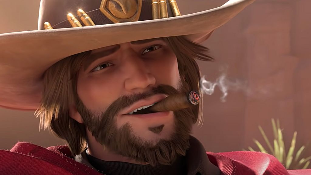 Jesse McCree, a cowboy wearing a hat and duster, smoking a cigar