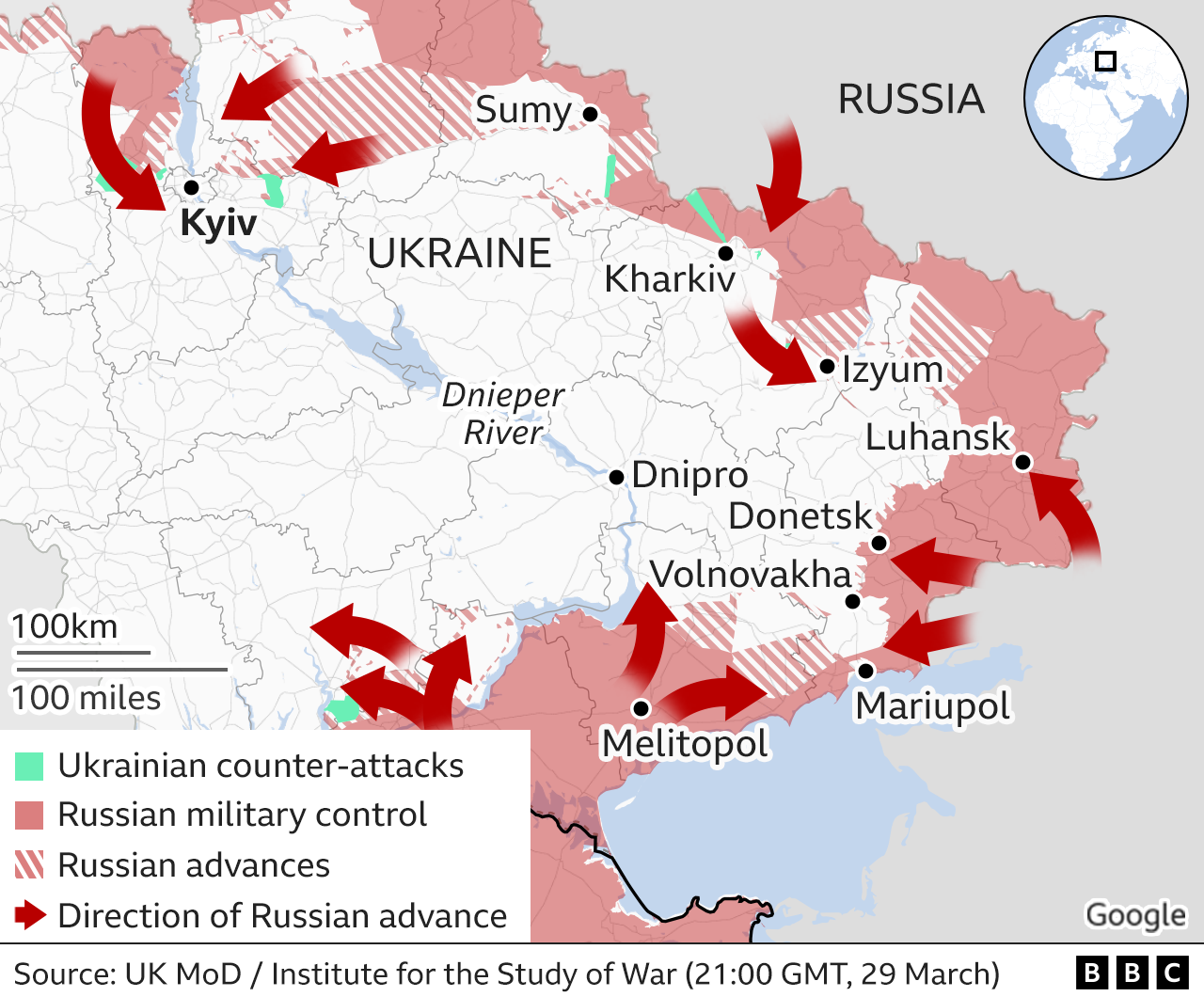 Map showing the Russian military advance into Ukraine from the east