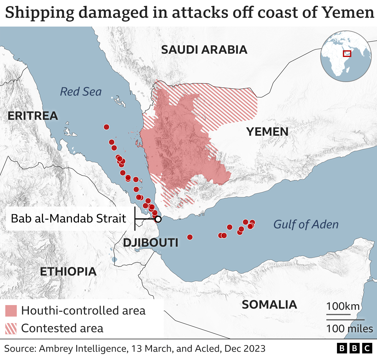 Map showing shipping damaged in Houthi attacks off the coast of Yemen, in Red Sea and Gulf of Aden