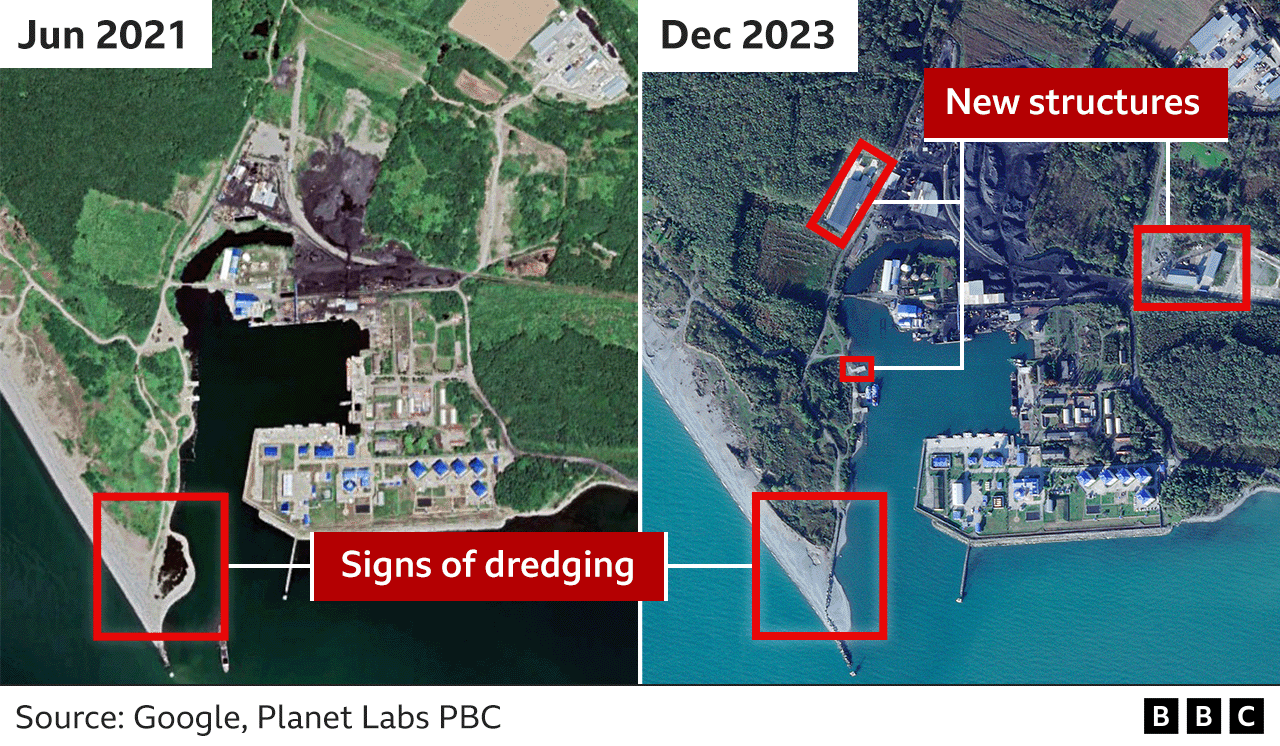 Two images side-by-side comparing an area of the Georgia coast in February 2022 and December 2023. The December 2023 image shows structures that are not in the February 2022 image.