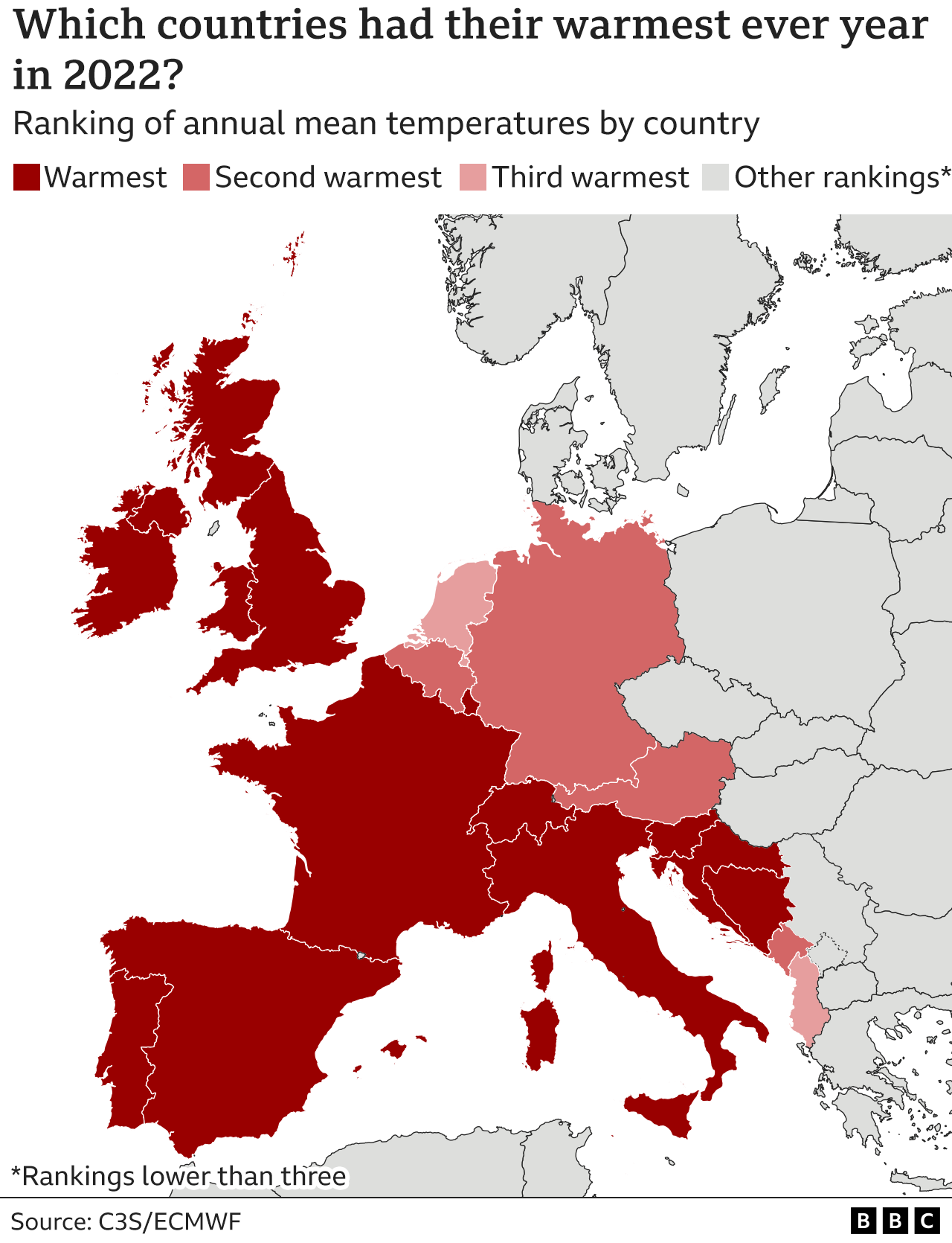 Карта, показывающая, в каких странах 2022 год был самым теплым за всю историю