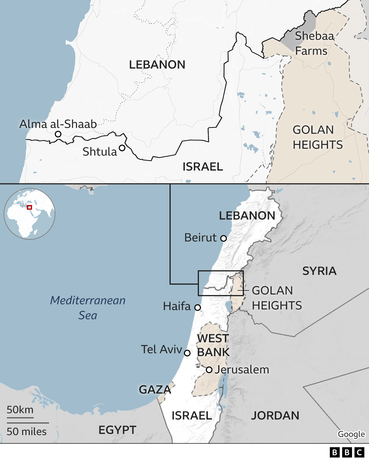 Map showing Israel, Lebanon and the Golan Heights