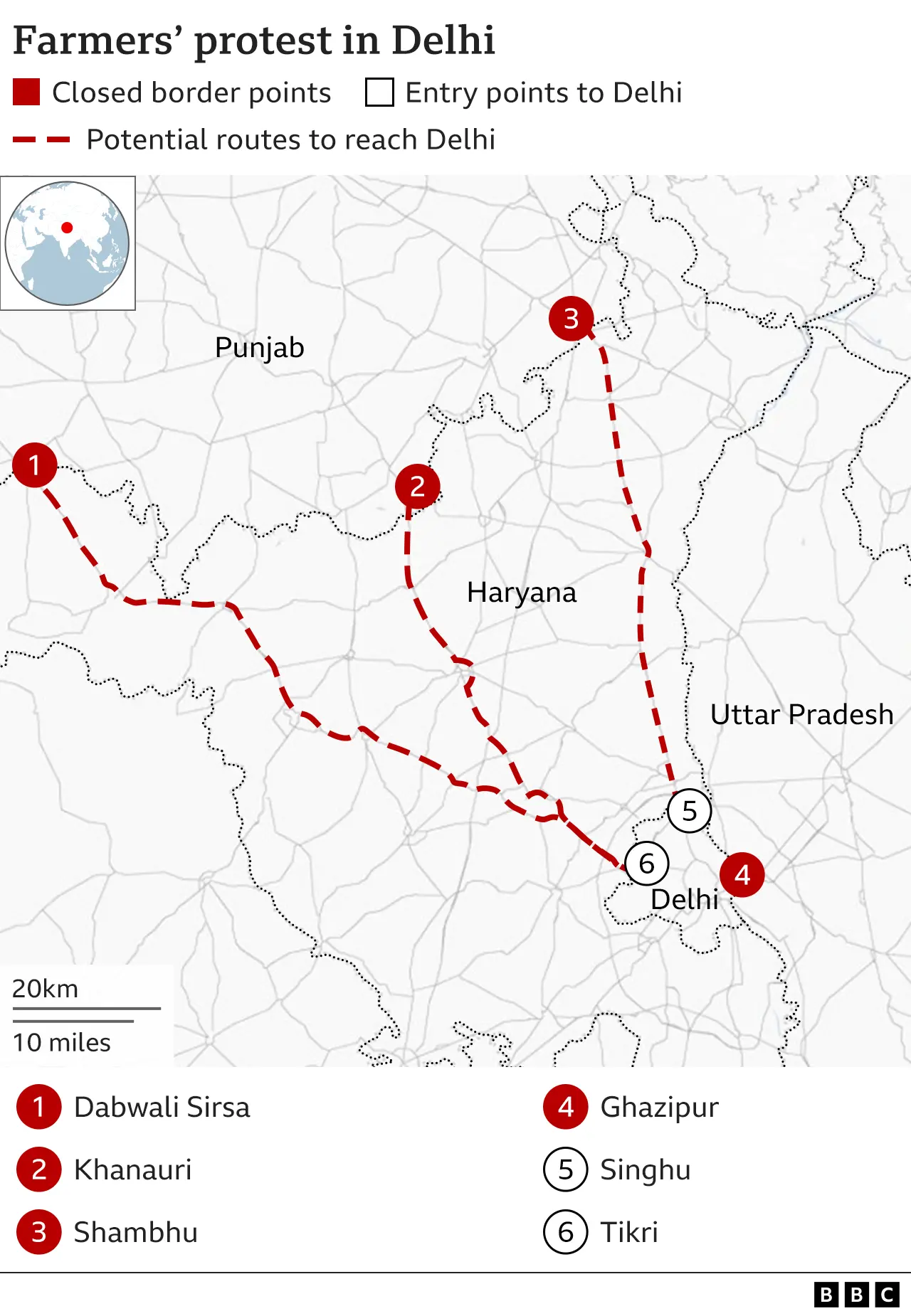 Farmer Protest map in Delhi