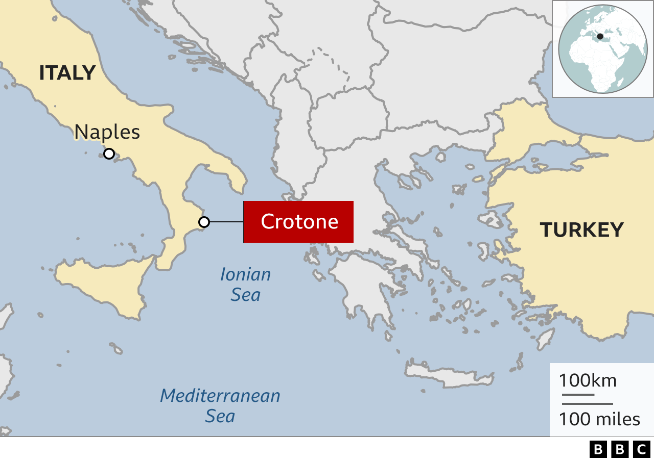 A map of the Mediterranean showing the location of Crotone on the Calabrian coast of Italy where the migrant boat was shipwrecked.