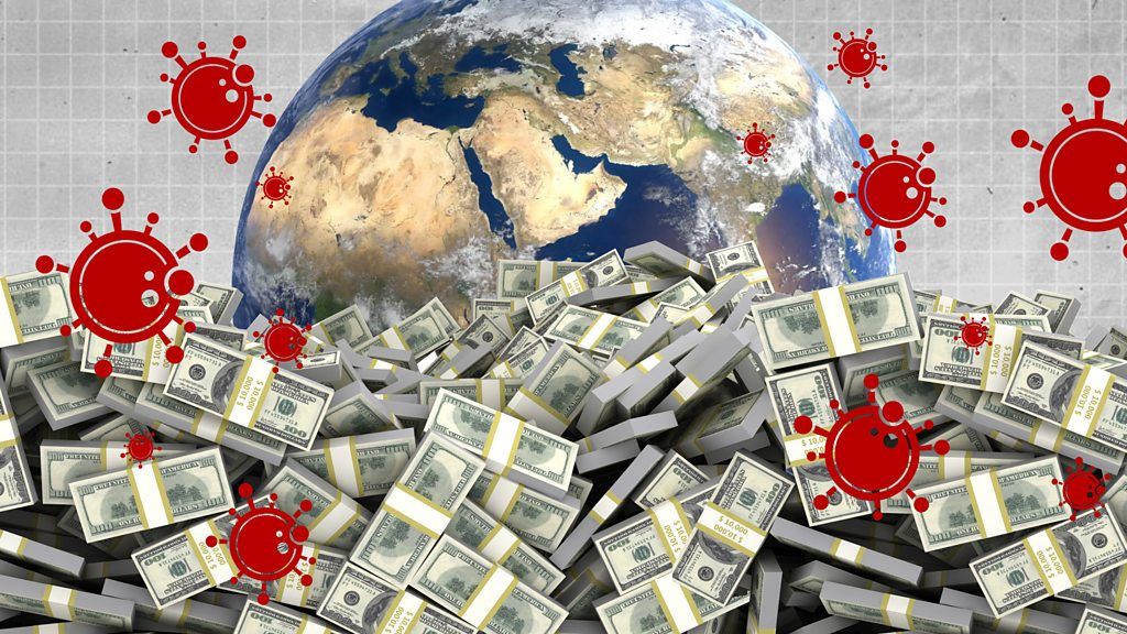 Piles of money in front of planet Earth and coronavirus symbols