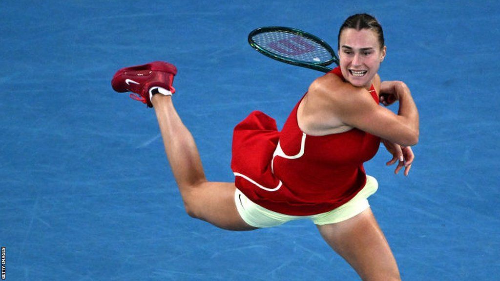 Aryna Sabalenka hits a forehand return in the 2024 Australian Open final