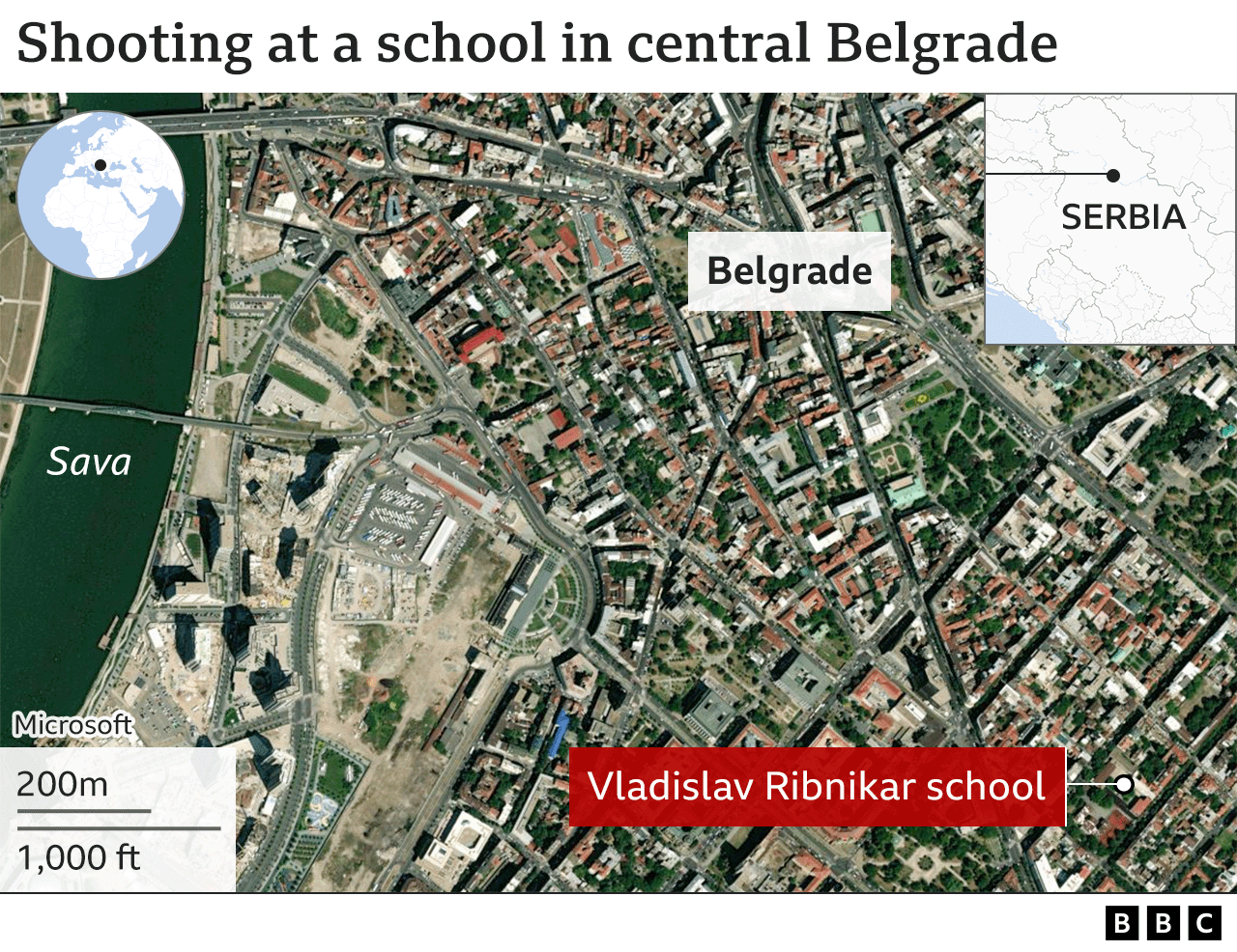 A map showing the location of the school in Belgrade's Vracar neighbourhood.