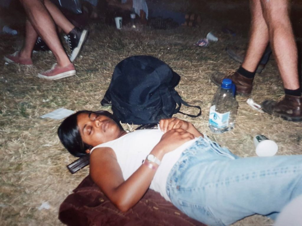 Farah asleep at a festival