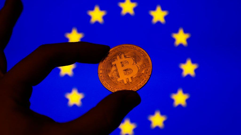 Bitcoin symbol and EU flag