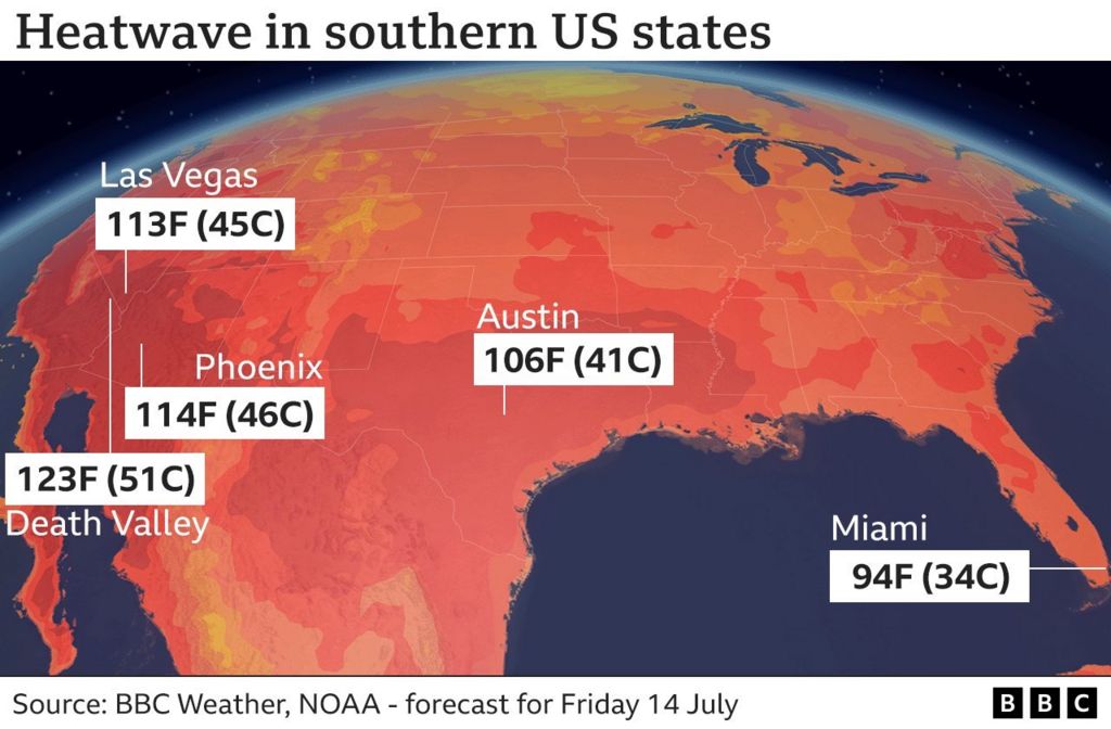 Инфографика, показывающая прогнозируемые температуры, которые будут наблюдаться во время аномальной жары в южных штатах США