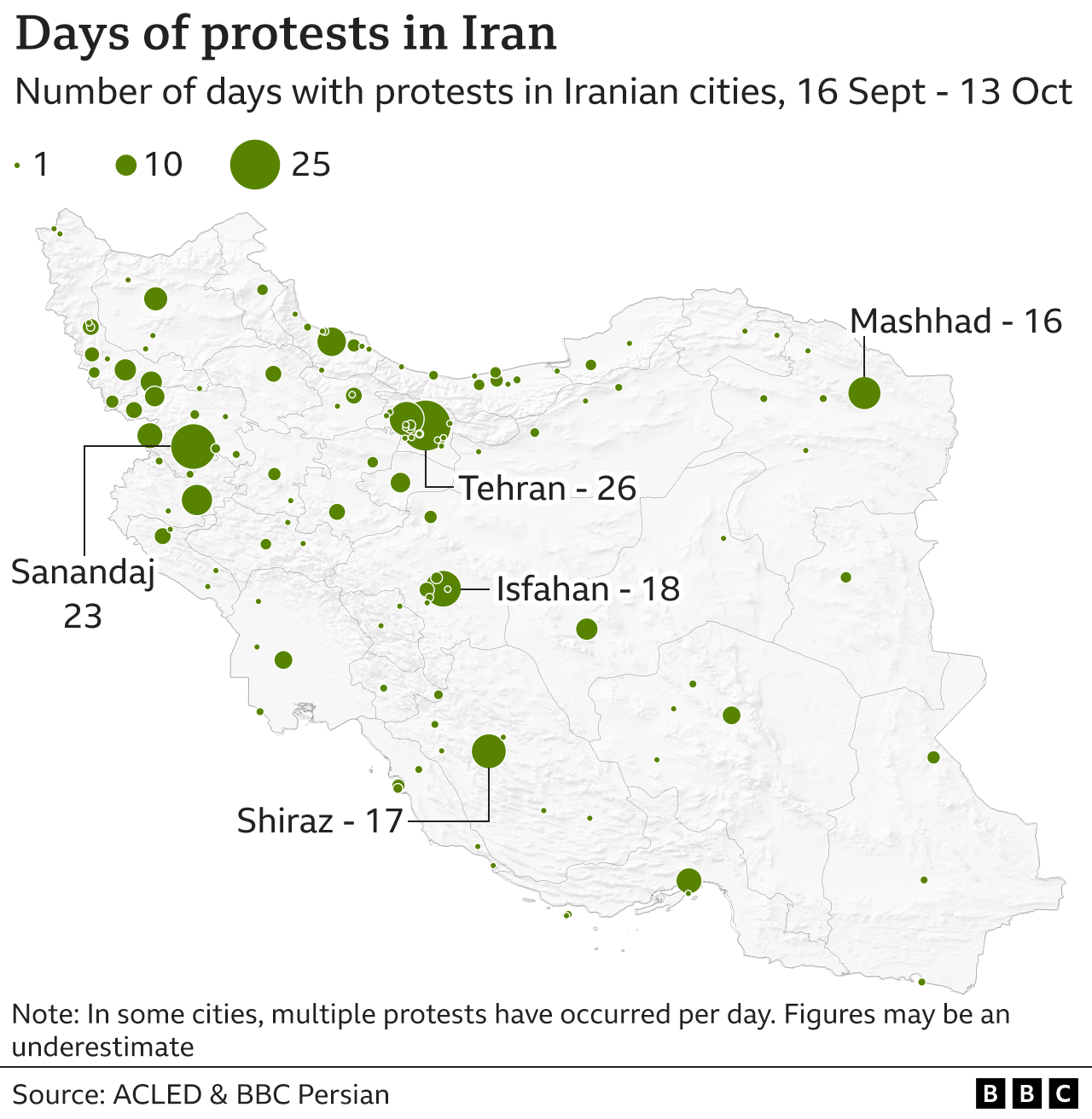 BBC verified Iran days of protest map
