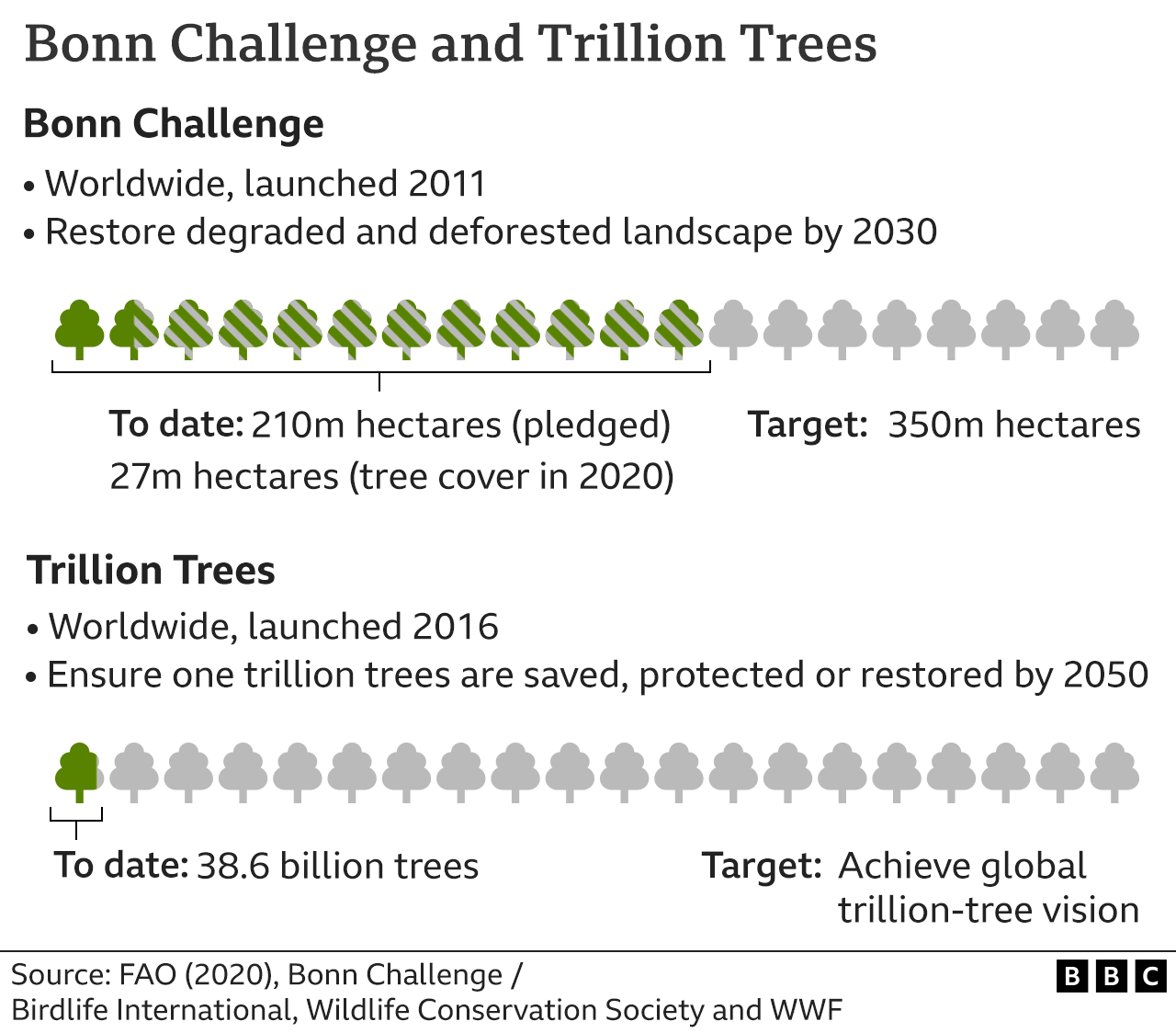Graphic showing progress of Bonn Challenge and Trillion Trees