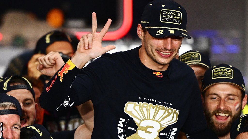 Max Verstappen and his Red Bull team celebrate his third world title
