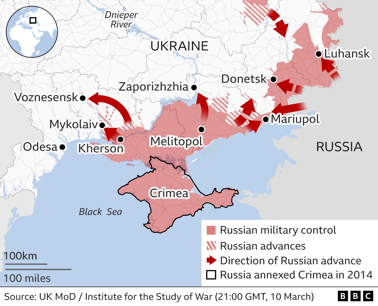 Χάρτης που δείχνει τη ρωσική στρατιωτική προέλαση προς την Ουκρανία από το νότο