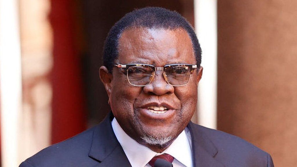 Namibian President Hage Geingob seen during a joint press conference with South African President Cyril Ramaphosa in April 2023