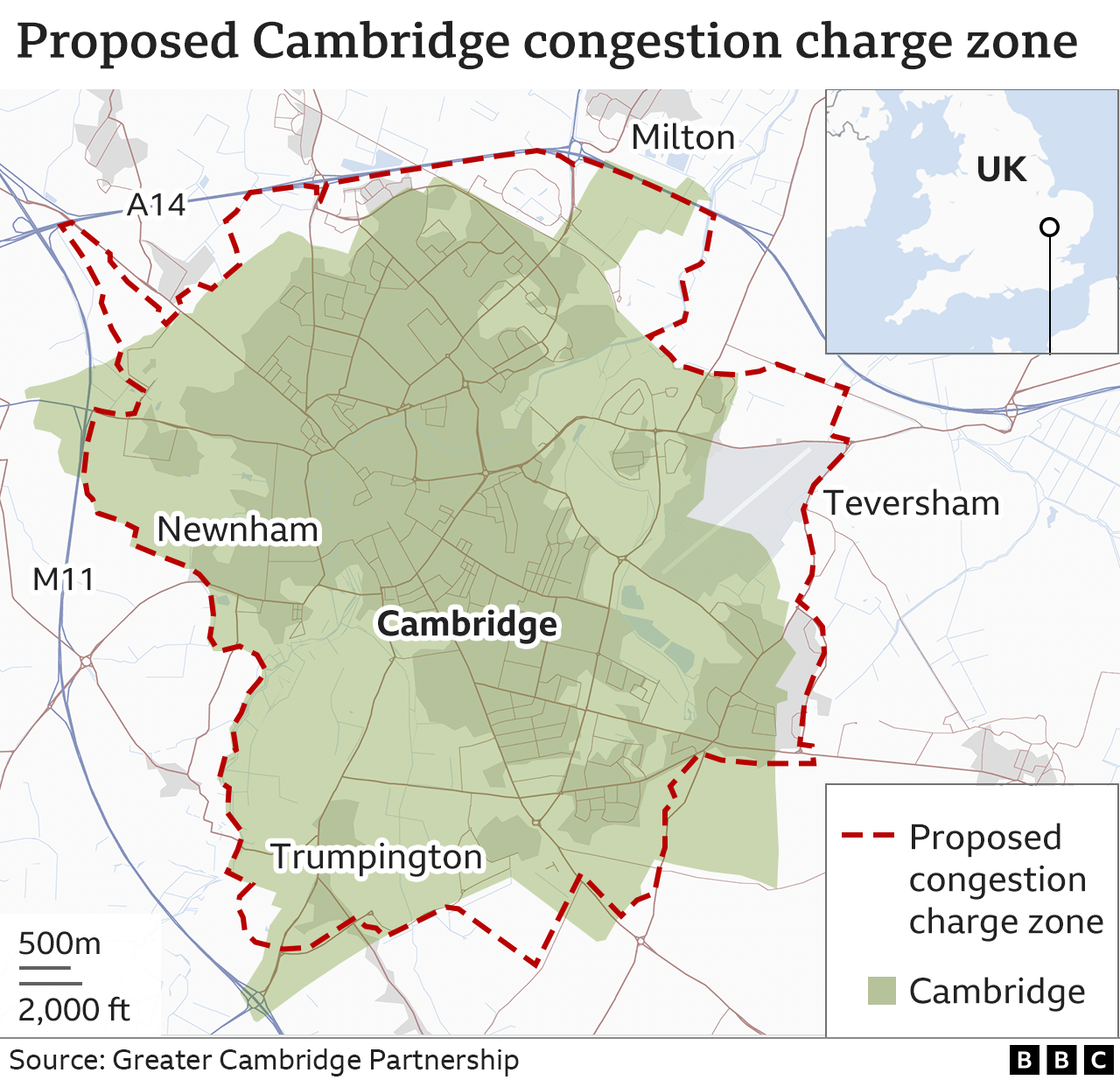 Map of proposed Cambridge congestion charge zone