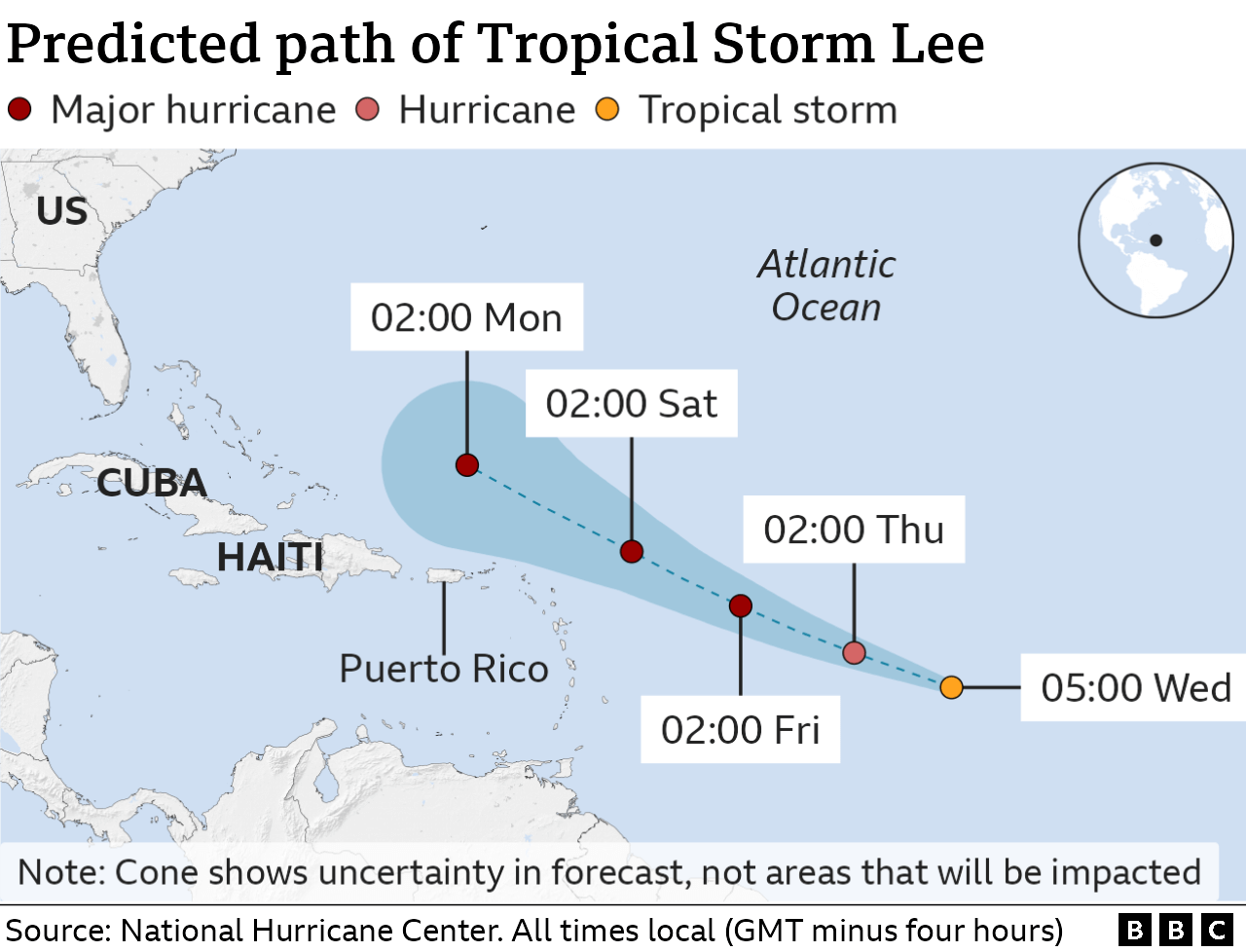 A map showing the progress and direction of Storm Lee over the Caribbean