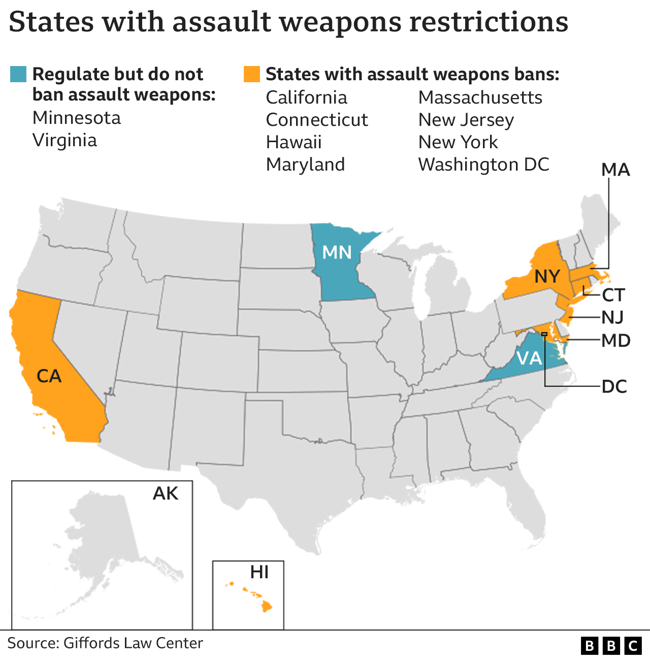 Map showing states with assault weapon restrictions, April 2022