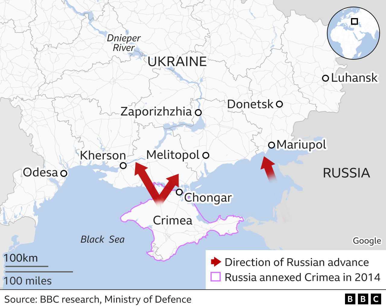 Map showing Russian advance from south
