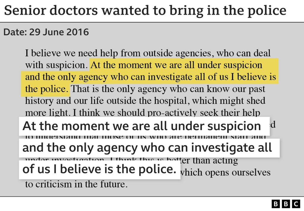 Title: Senior doctors wanted to bring in the police - with "At the moment we are all under suspicion and the only agency who can investigate all of us I believe is the police" highlighted.