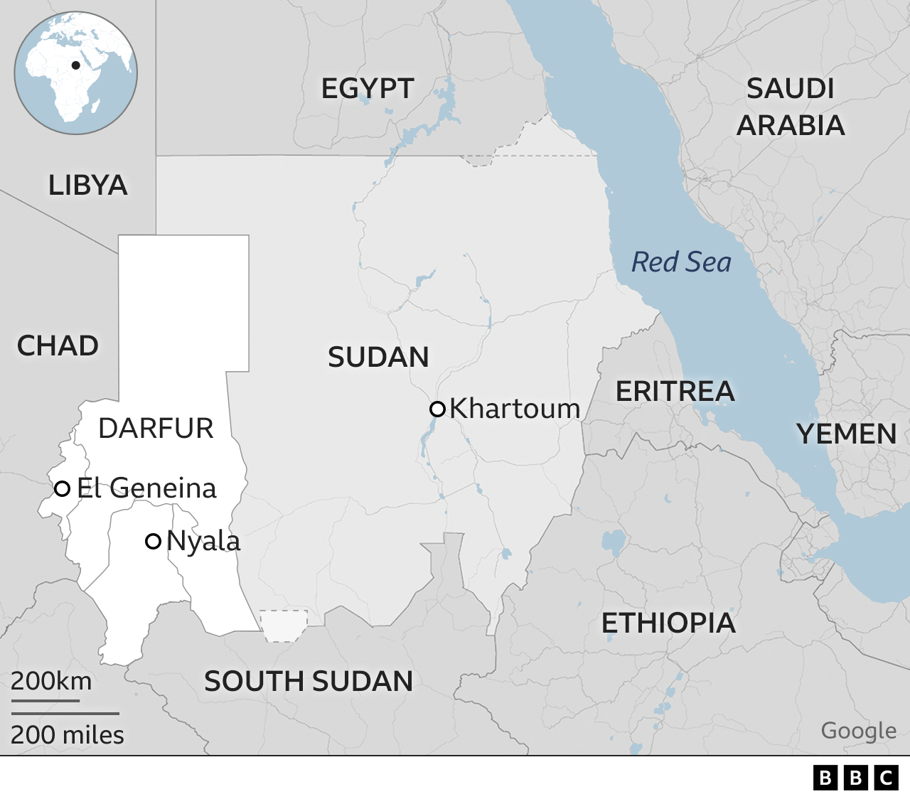 Map showing Darfur and the rest of Sudan and the cities of El Geneina, Nyala and Khartoum