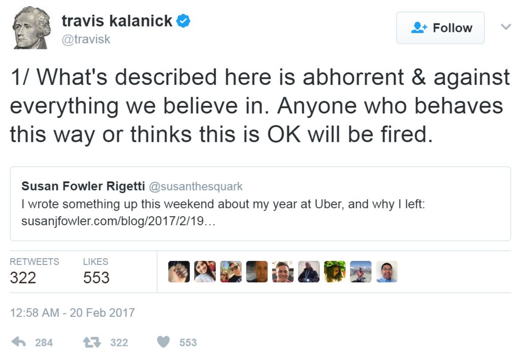Screengrab of tweet by Uber chief Travis Kalanick