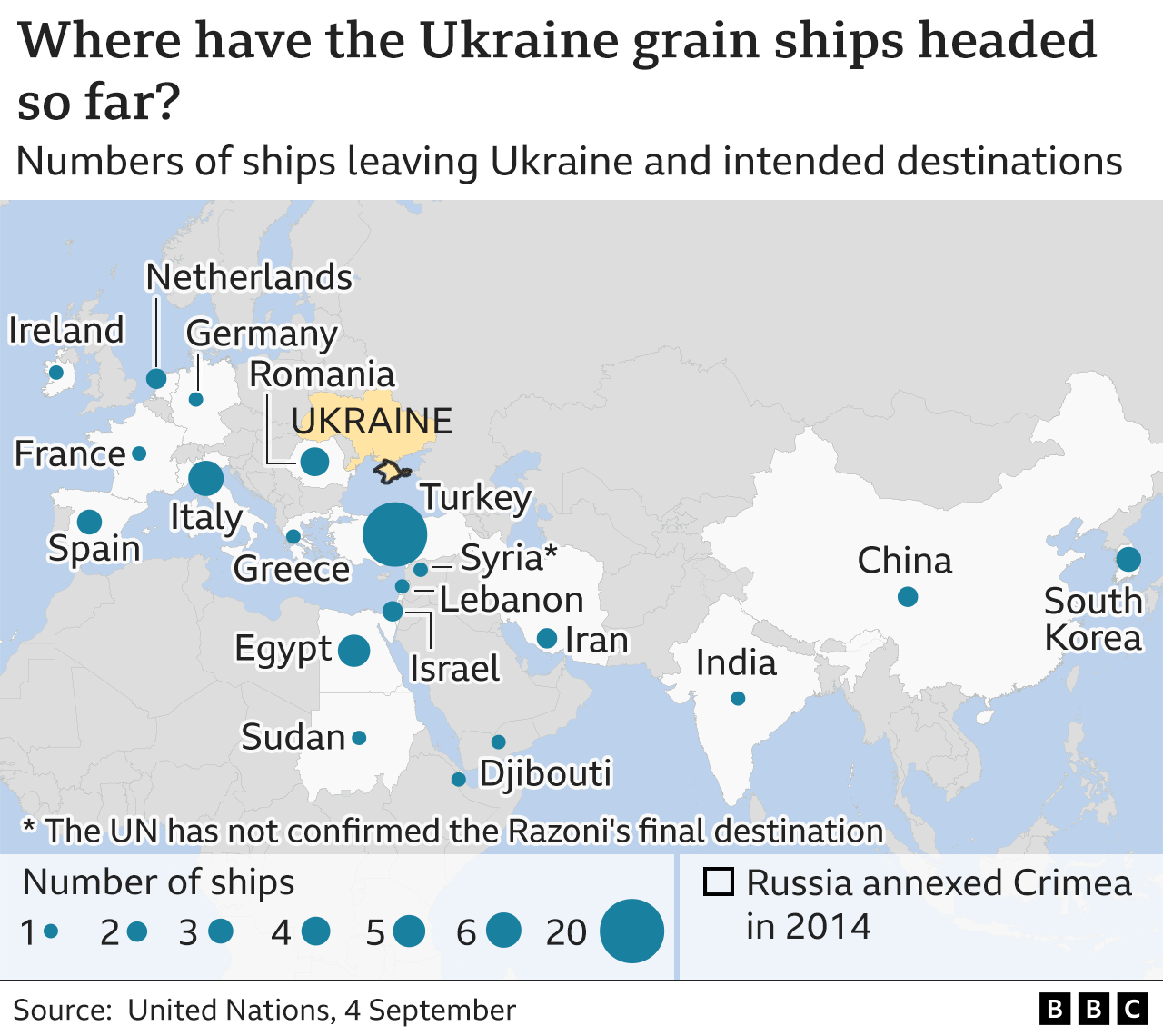 Map showing Ukrainian grain ships