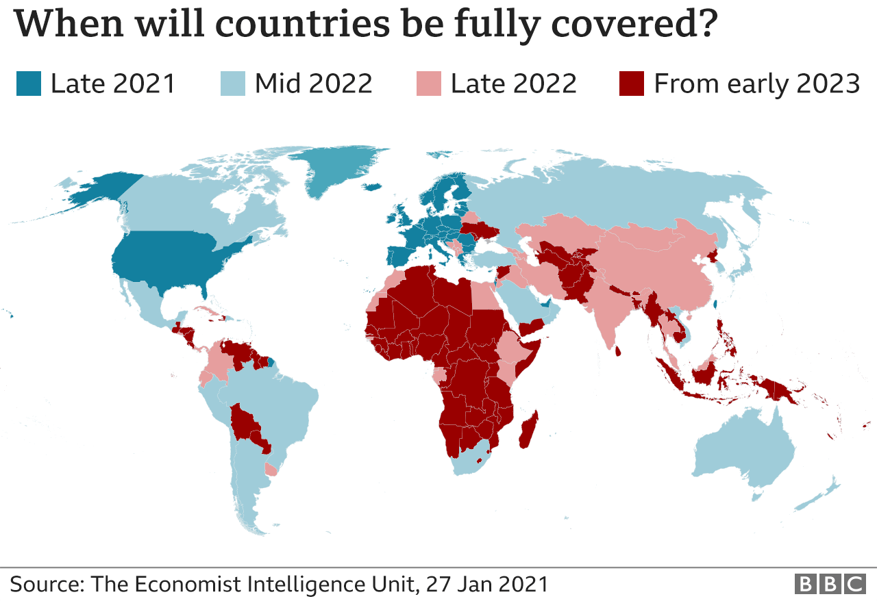 Карта, показывающая, когда страны, вероятно, будут полностью вакцинированы.