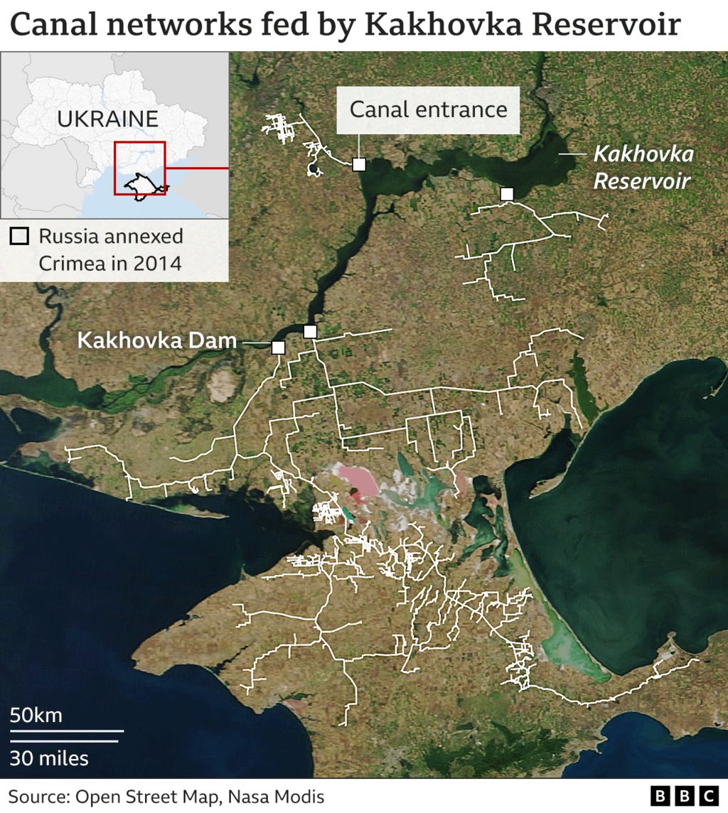 Спутниковая карта, показывающая обширную сеть каналов на юге Украины, включая Крым.