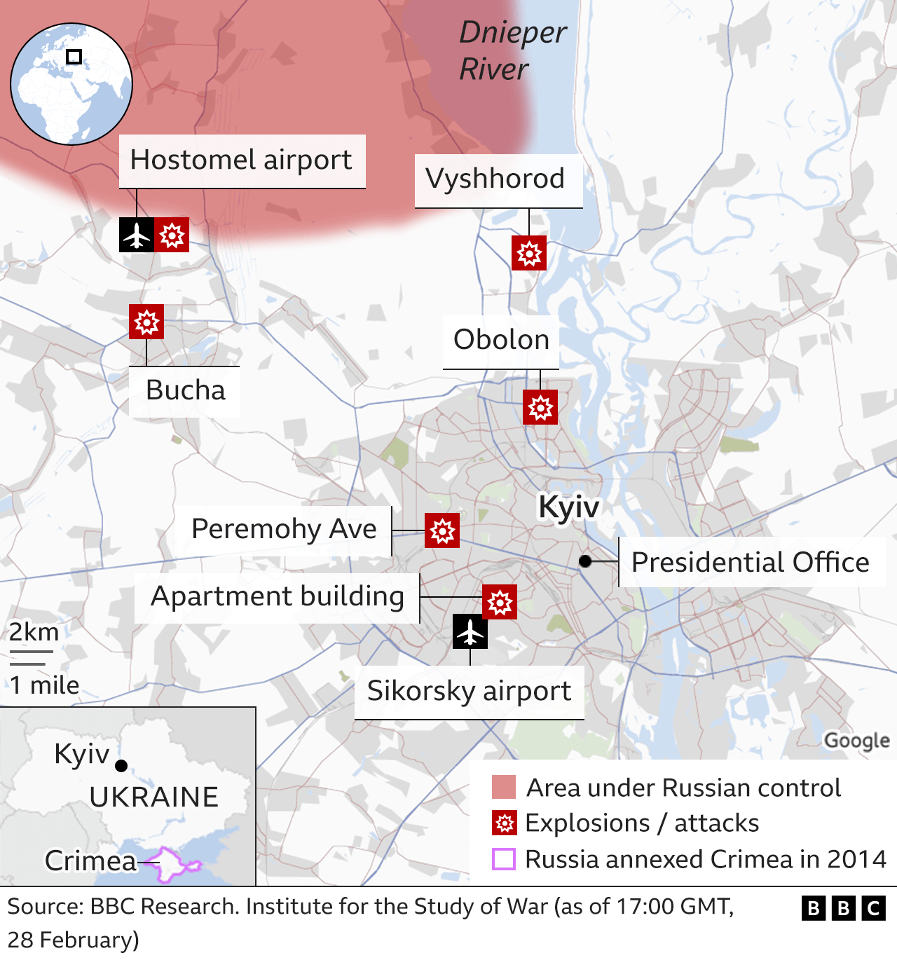 Map showing Kyiv. Updated 27 FEB