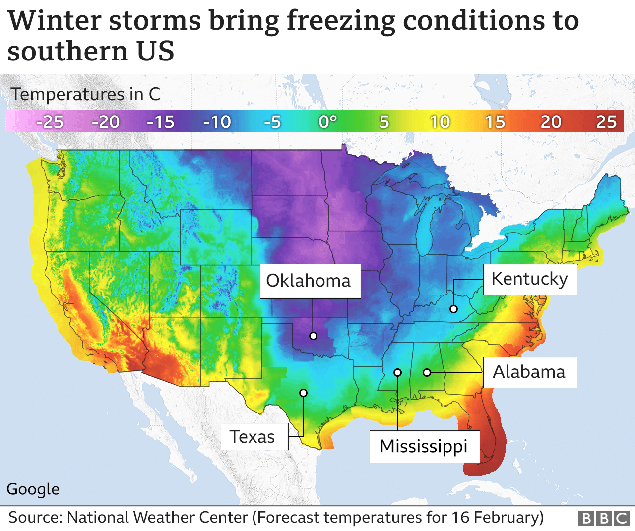 Map of freezing conditions in US