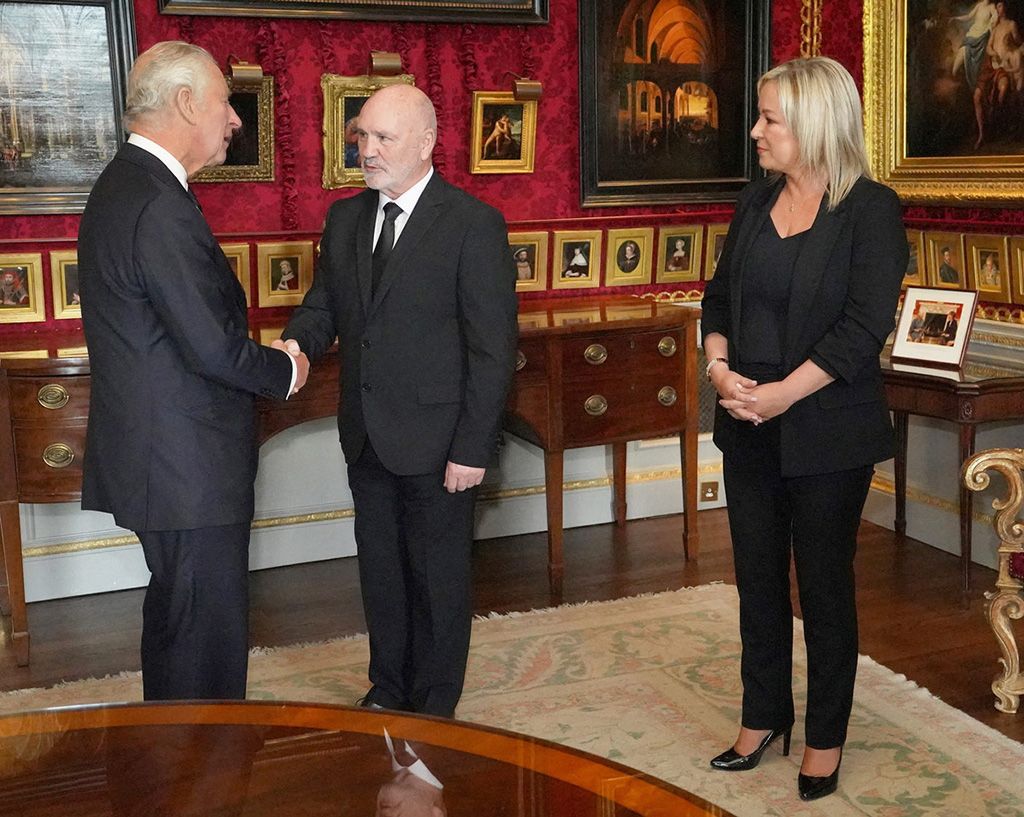 King Charles met Northern Ireland Assembly Speaker Alex Maskey and Sinn Fein Vice President Michelle O'Neill at Hillsborough Castle