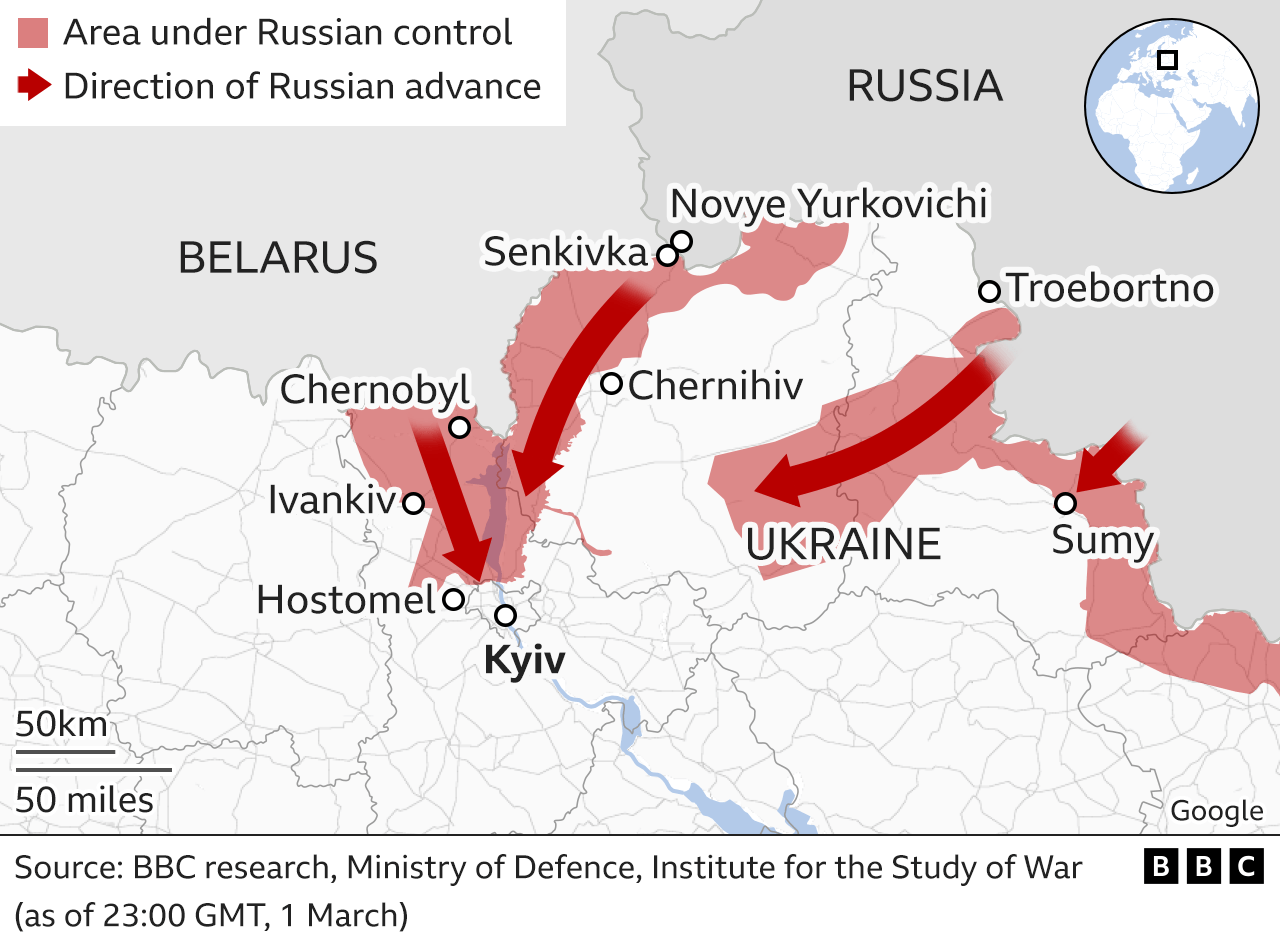 Map showing the Russian military advance into Ukraine from the north