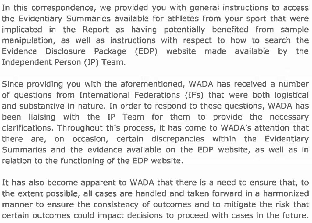 WADA letter