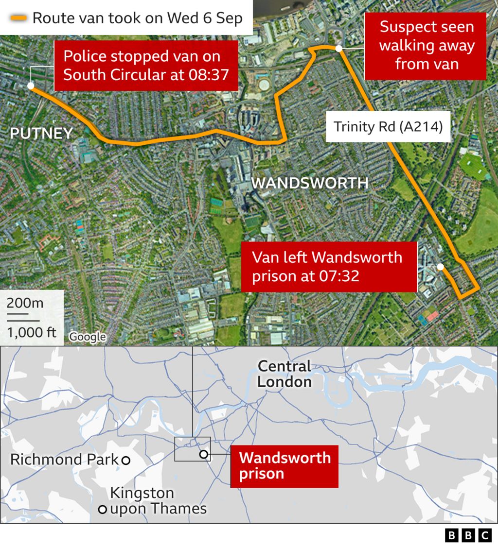 A map showing the route the lorry took after it left Wandsworth prison